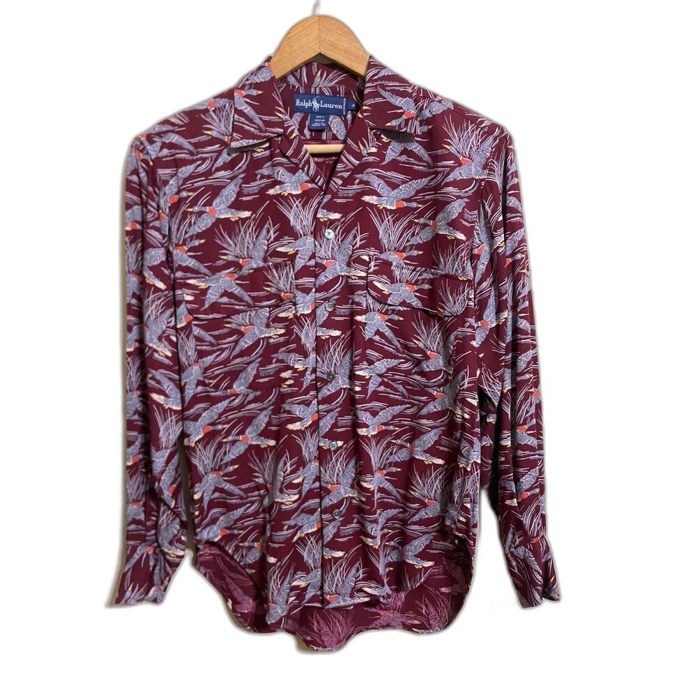 Ralph Lauren vtg red flying duck hunting wildlife button up rayon shirt sz 4